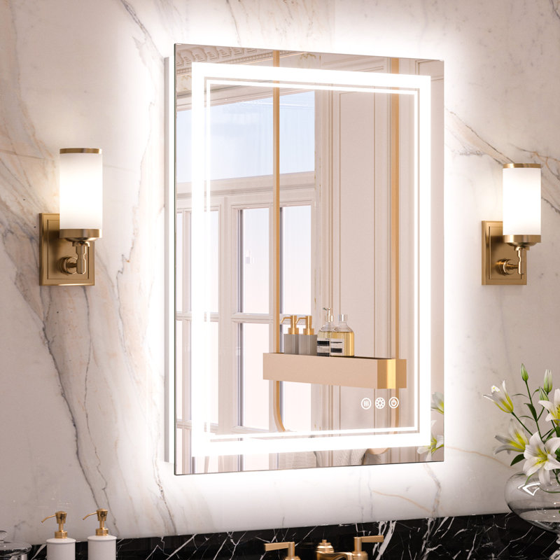 Chrisna LED Bathroom Mirror with Frontlit and Backlit Stepless 3 Colors Temperature Dimmable Light Ivy Bronx Size 28 x 36
